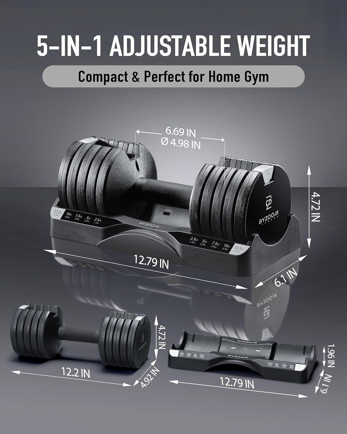 12.5lb Adjustable Dumbbells Pair 5-in-1 Quick Select Home Gym Weights