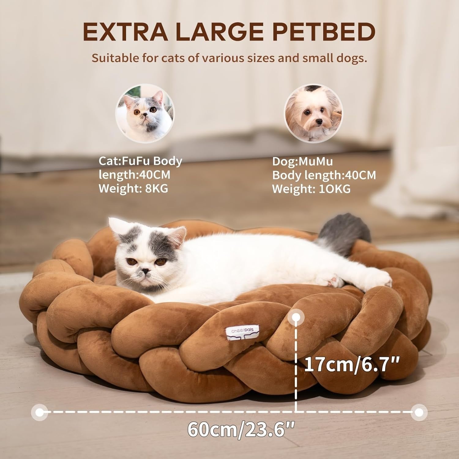 Large 60cm Cat Bed Washable Braided Pet Sofa Cushion for Cats Dogs