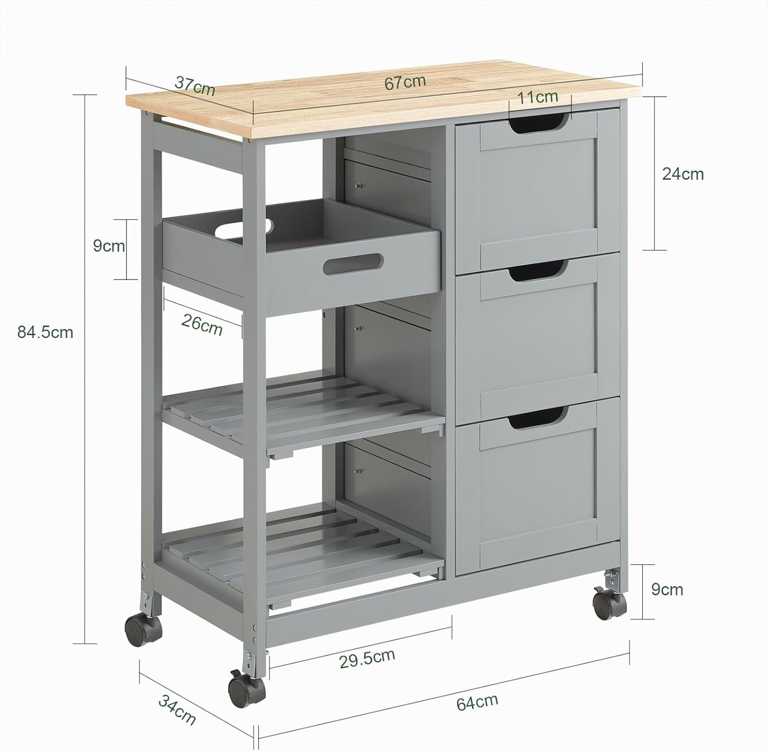 Kitchen Island Trolley with 3 Drawers & Removable Tray Grey 67x37cm