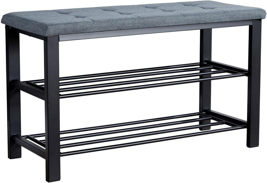 Grey Shoe Storage Bench with Linen Cushion & 2 Shelves – Metal Hallway Unit
