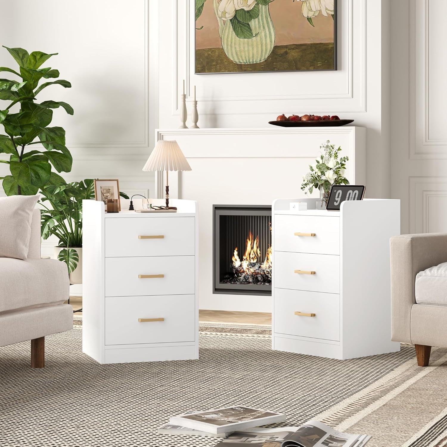 Set of 2 White Bedside Tables with Charging Station | 3 Drawer Nightstands