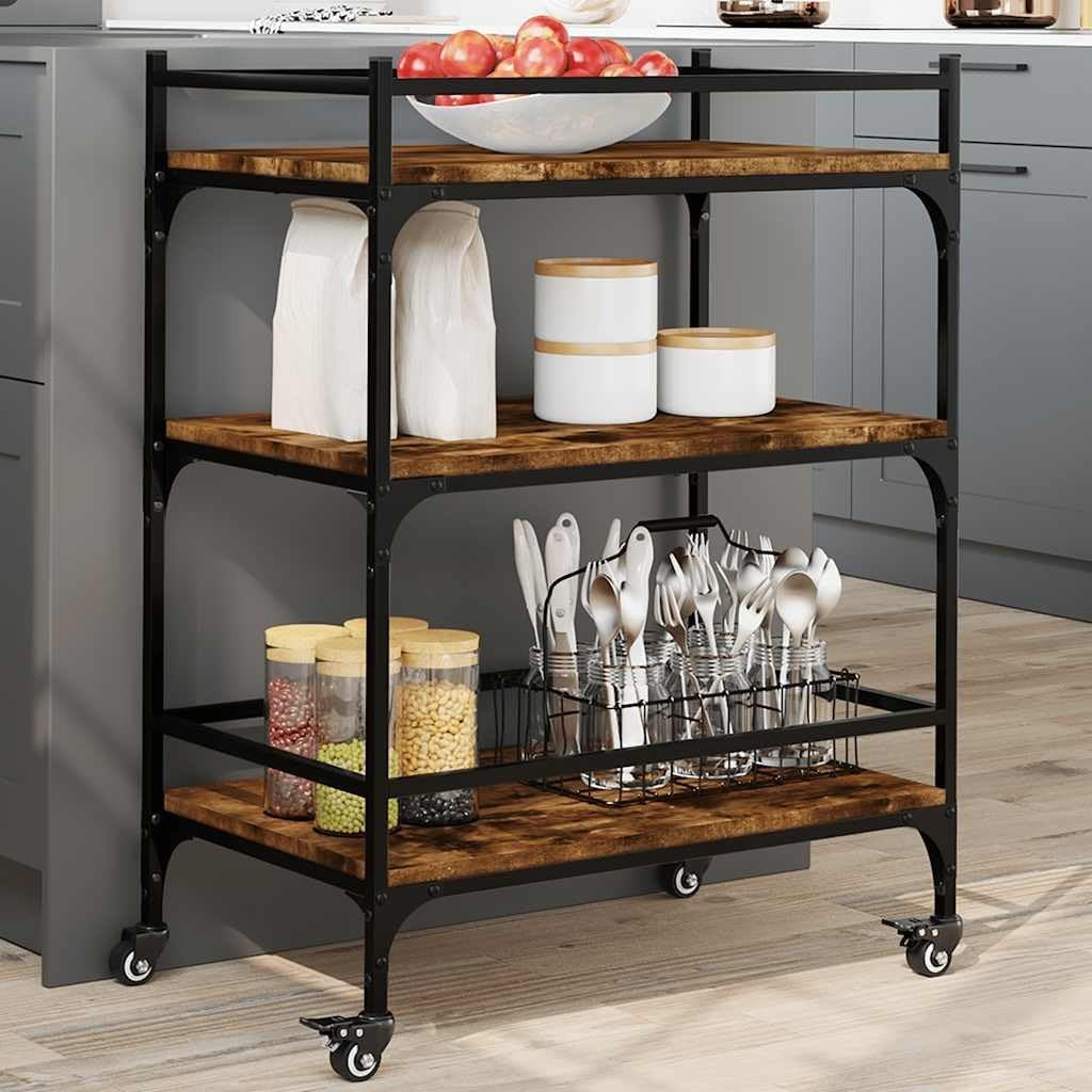3 Tier Kitchen Trolley Storage Cart Smoked Oak Shelves Steel Frame Wheels