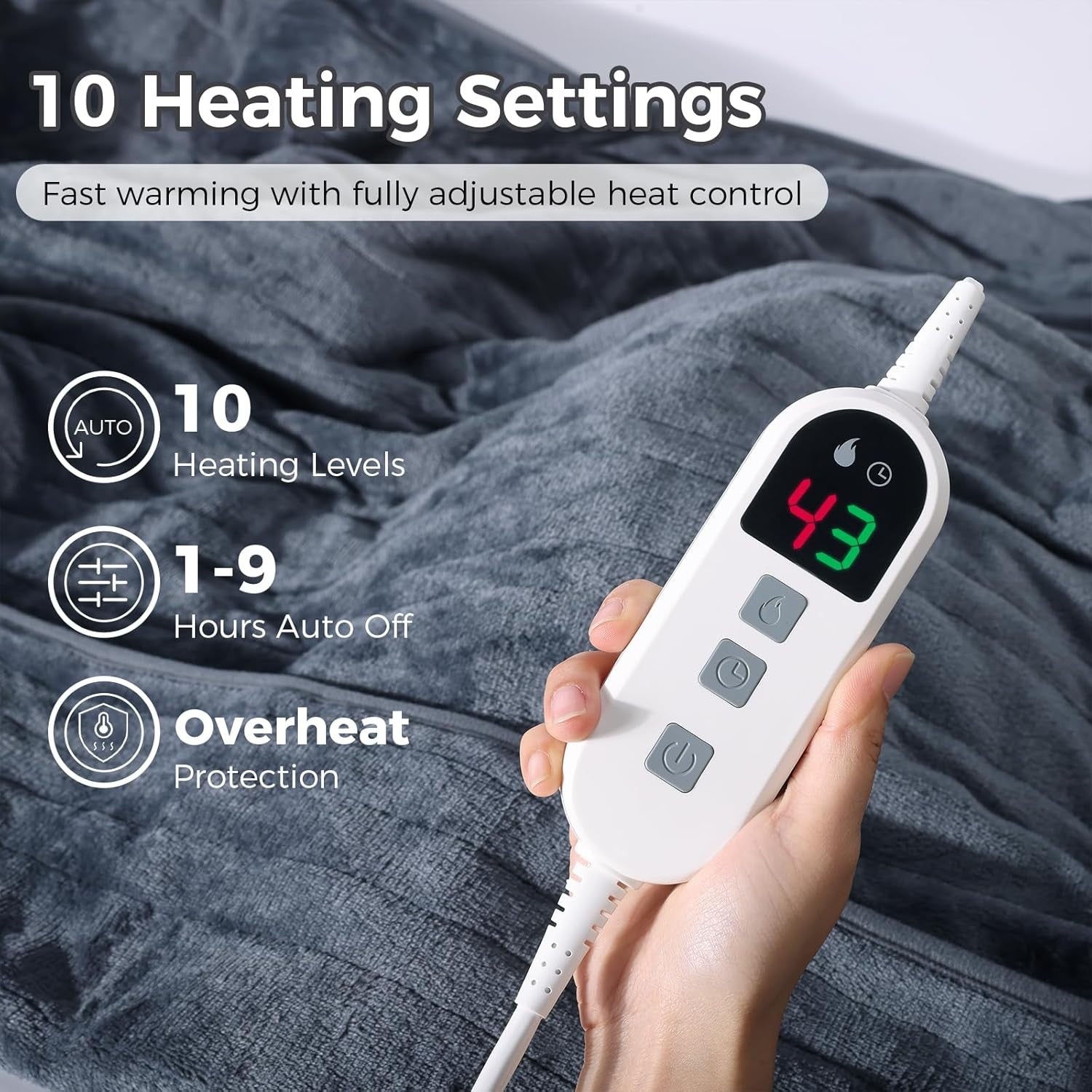 Electric Heated Throw Blanket Fast Heat 10 Levels Auto Off 200x150cm