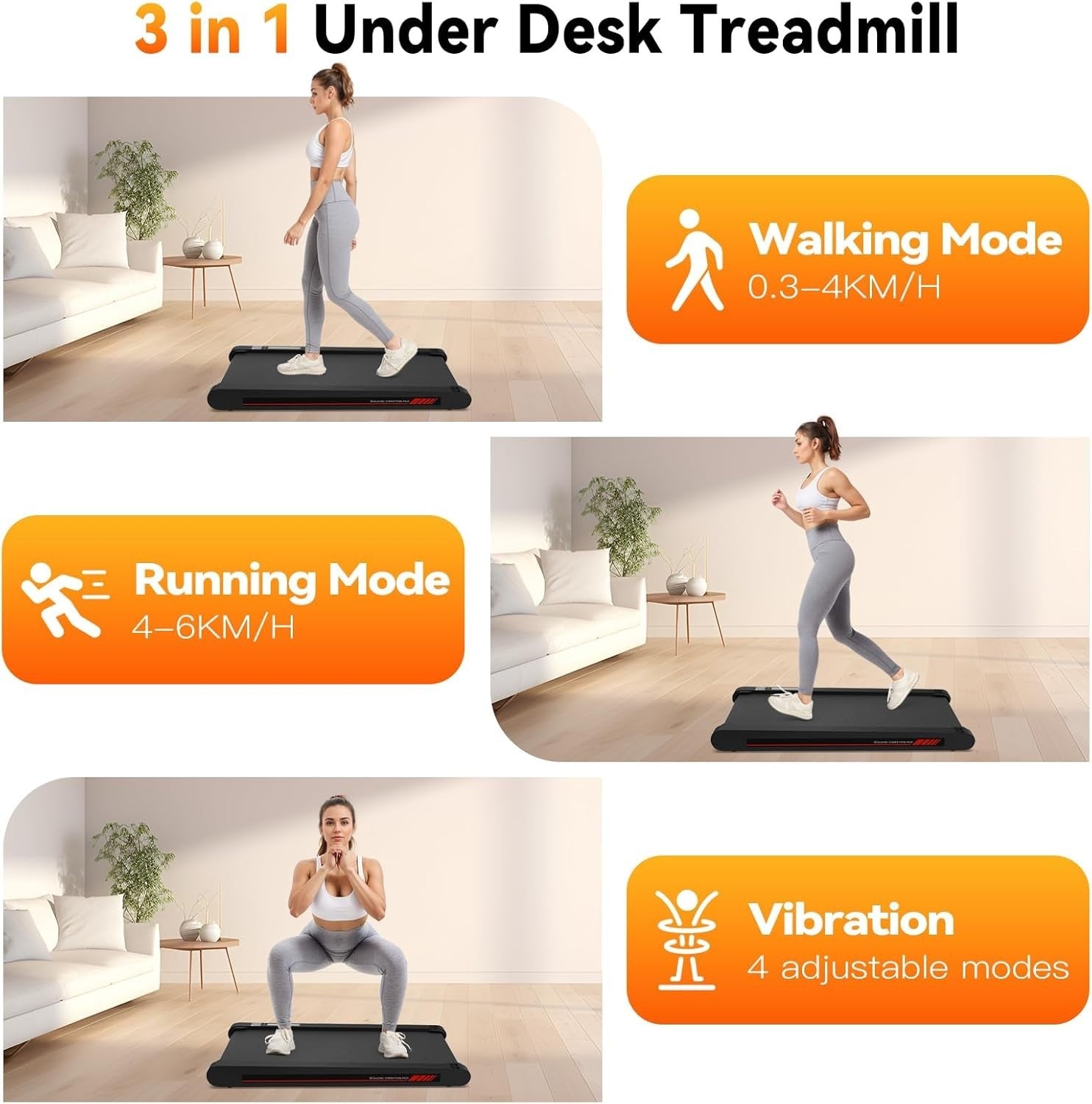 4-in-1 Vibration Walking Pad Treadmill Under Desk Home Office Gym