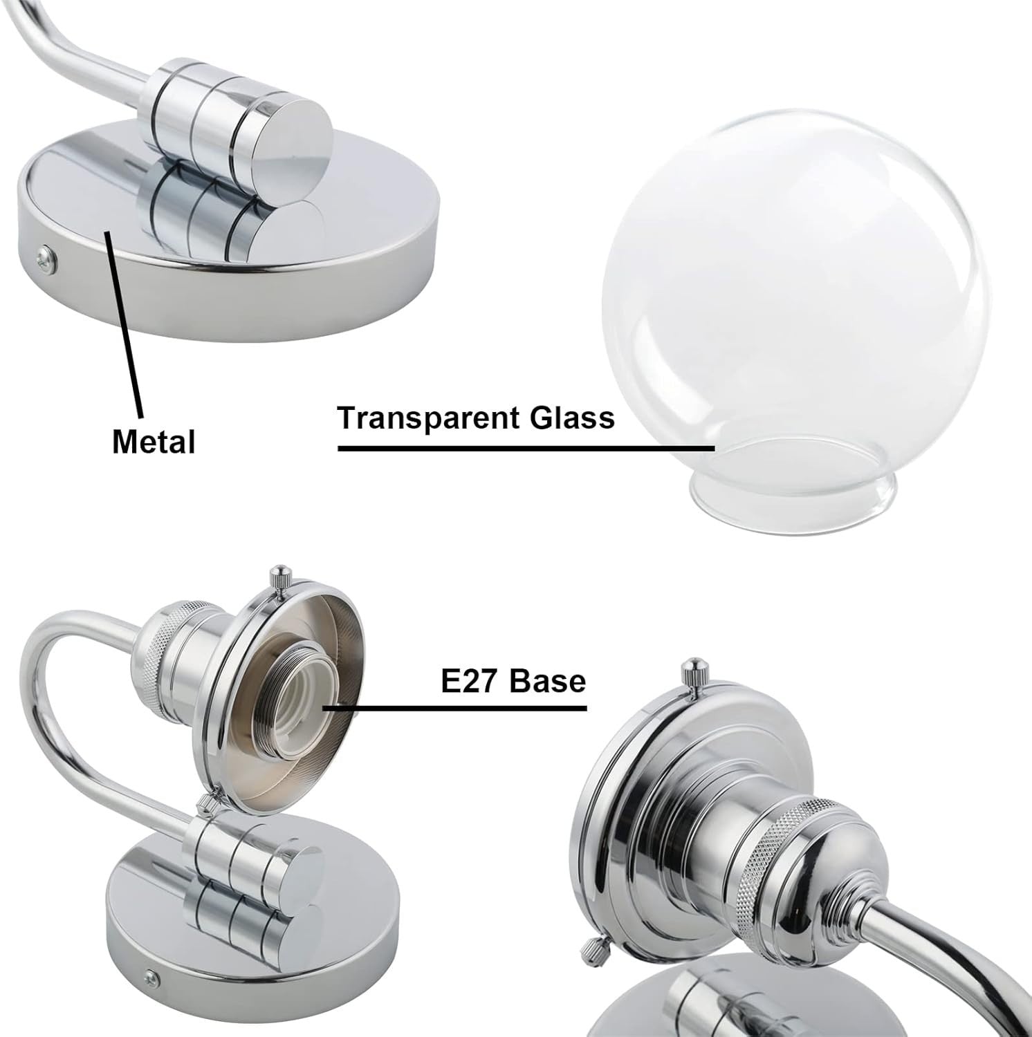 Modern Chrome Wall Light Globe Glass Shade | Bathroom Kitchen Hallway