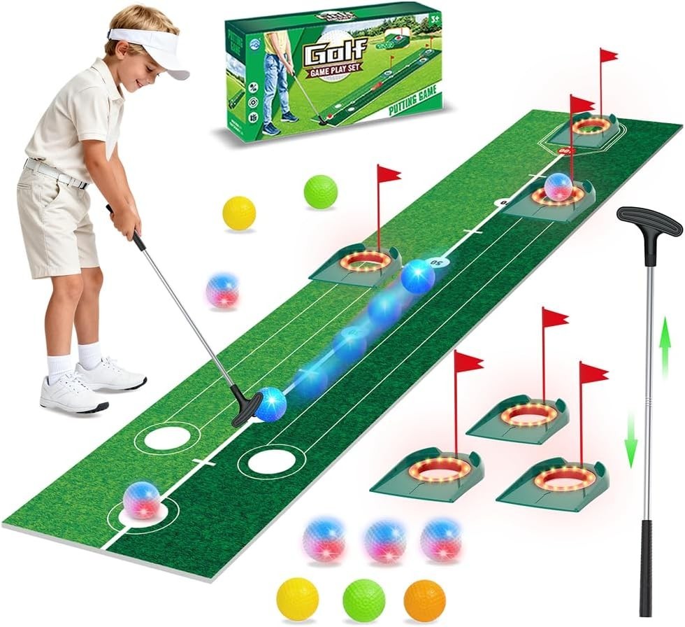 Kids Golf Putting Set Light Up Mat Indoor Outdoor Golf Game w Balls