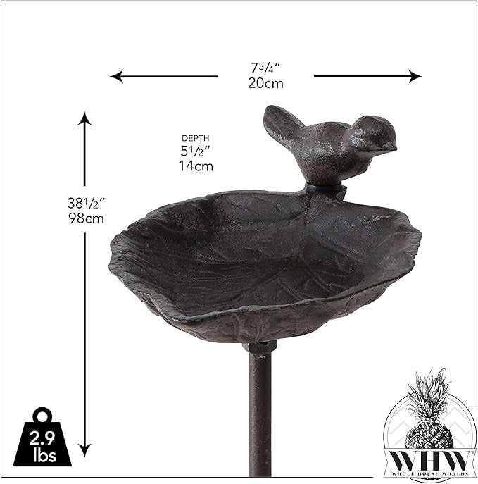 Cast Iron Leaf Bird Bath with Bird – Garden Stake Feeder Outdoor Ornament