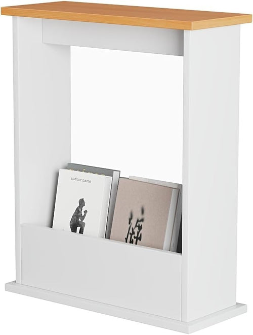 Slim Modern Side Table with Magazine Rack, Space-Saving 55x45x18cm White