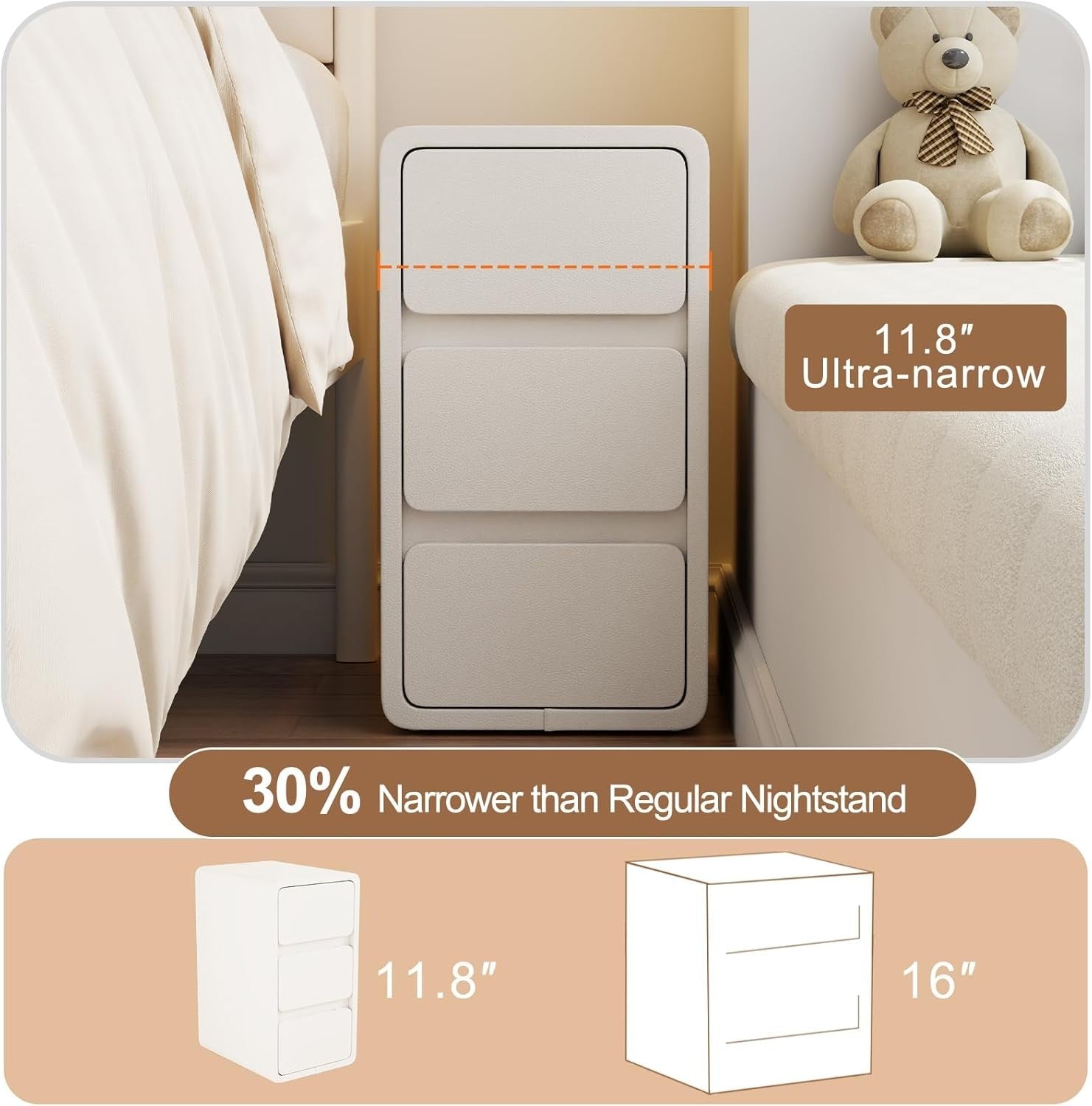 Slim White Bedside Table with 3 Drawers, Narrow Leather-Finish Nightstand