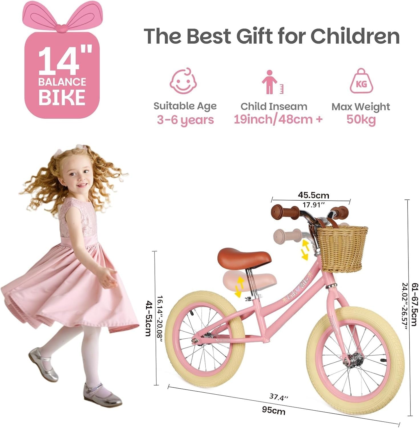 14" Kids Balance Bike with Basket Adjustable No Pedal Training Bike Pink