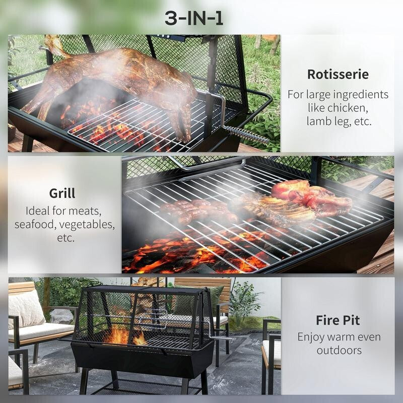 3-in-1 BBQ Grill Fire Pit with Rotisserie, Mesh Lid, Poker & Cover Outdoor