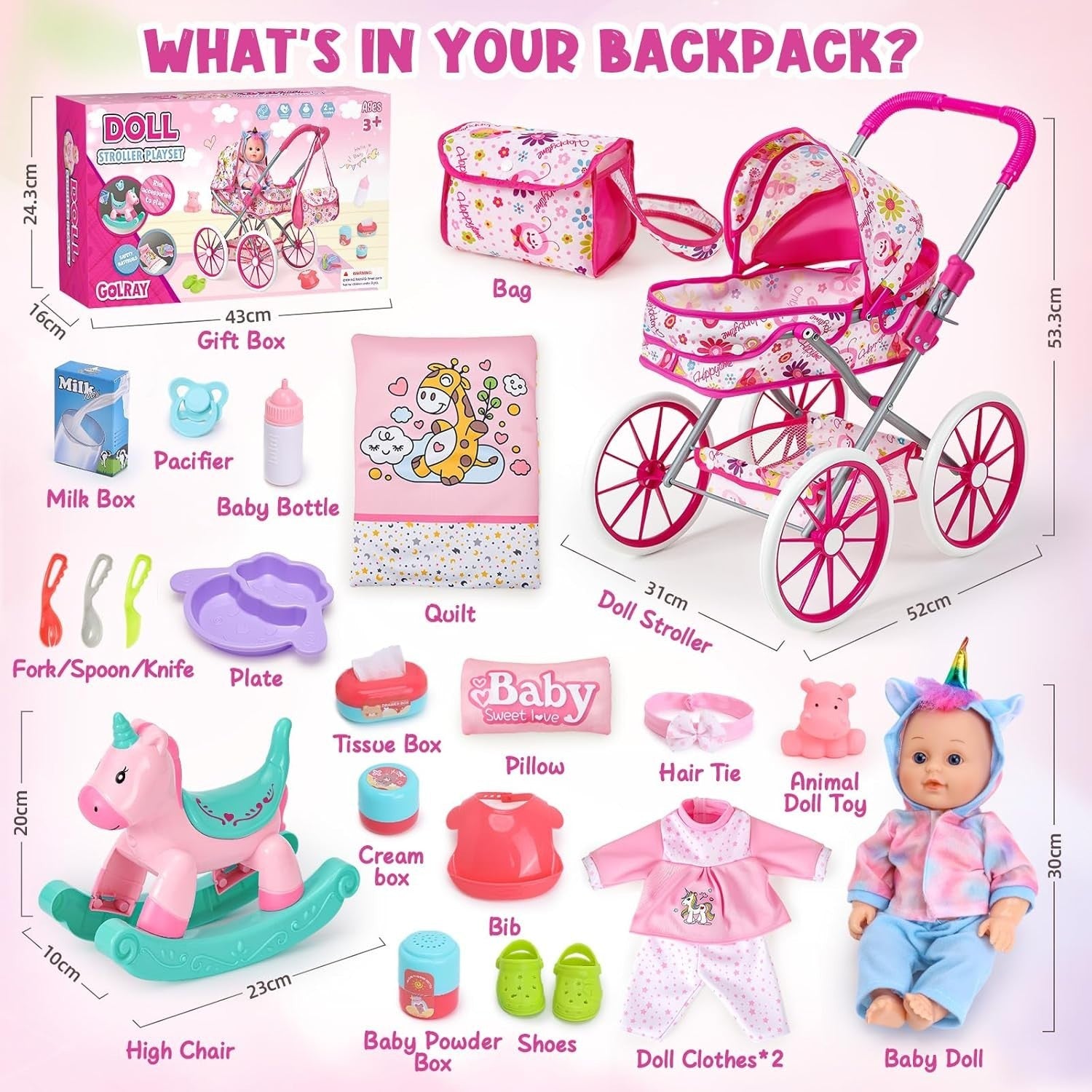 Baby Doll Playset w Stroller Rocking Horse Clothes Feeding Accessories