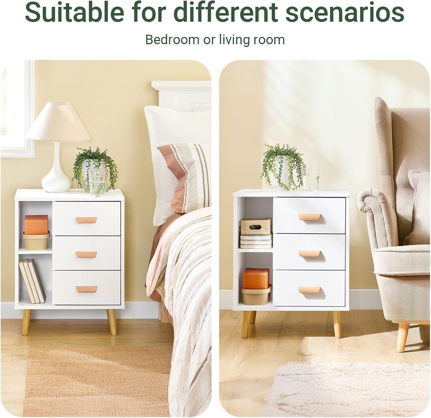 Modern White 3 Drawer Bedside Table with Shelves – Scandinavian Storage Unit