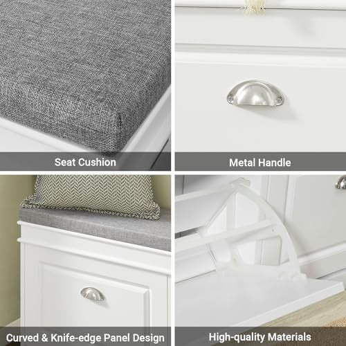 White Shoe Storage Bench with 2 Flip Drawers & Cushion – Modern Hallway Unit