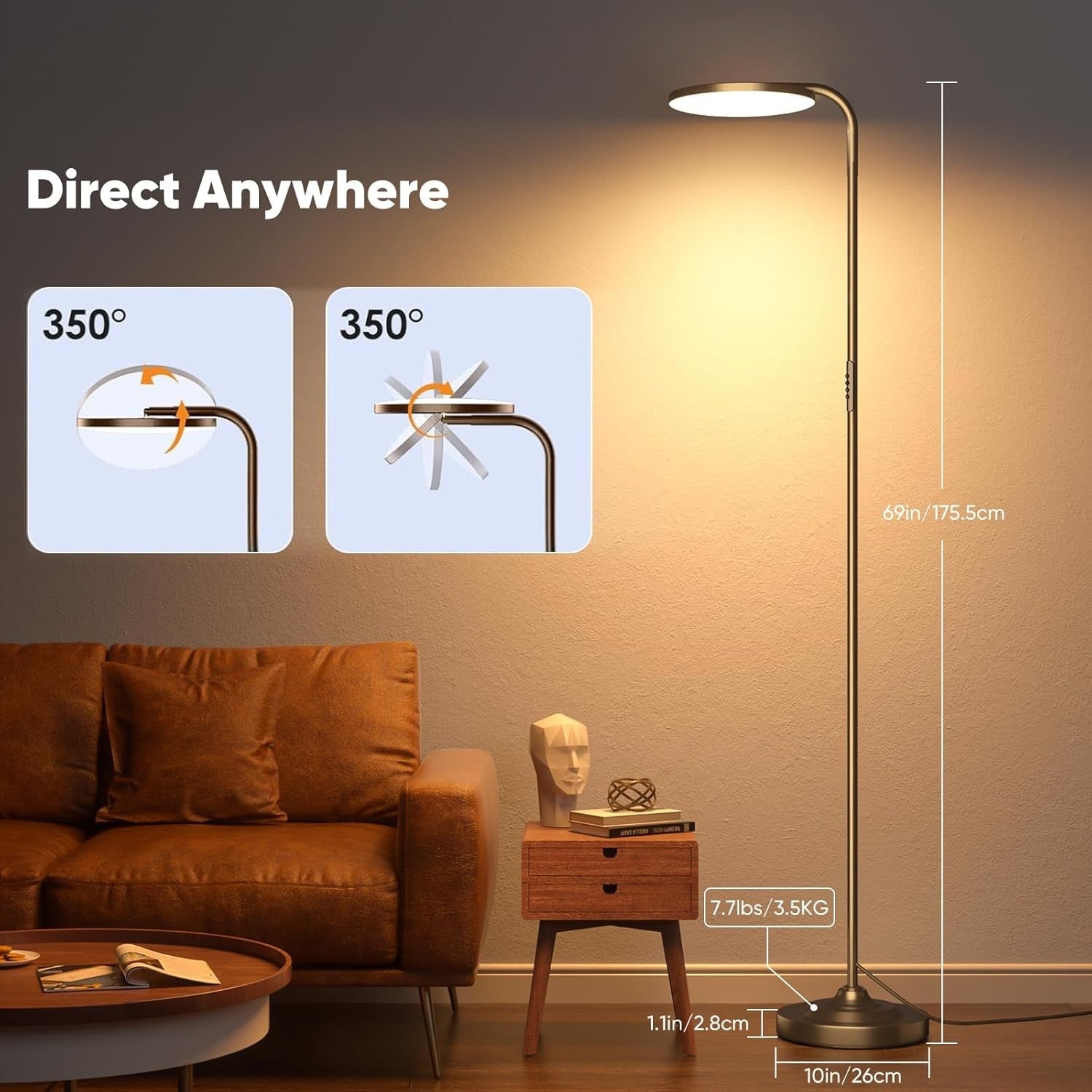 36W LED Floor Lamp Remote Dimmable 350° Rotating Reading Standing