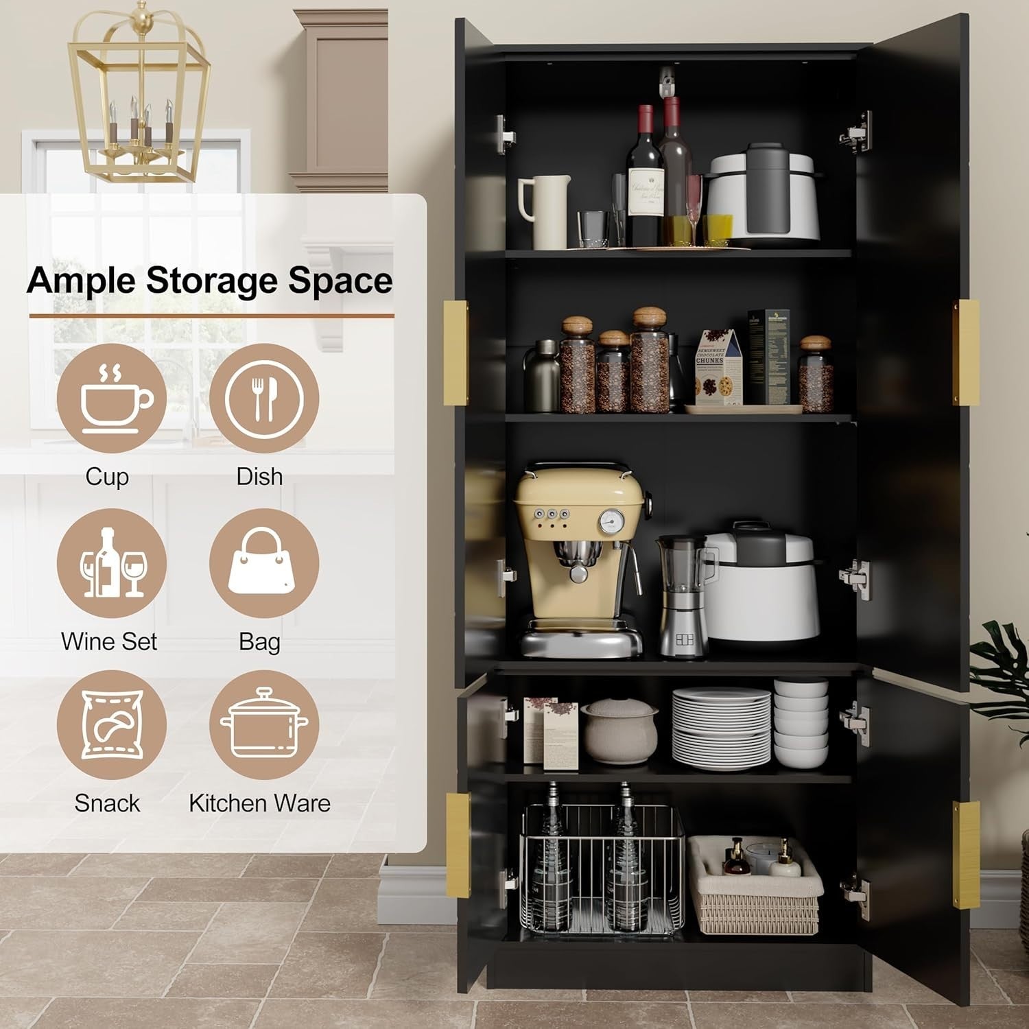 Tall Kitchen Cupboard Black 4-Door Buffet Cabinet Storage Unit