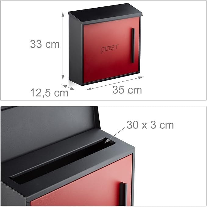 Wall Mounted Lockable Letterbox Steel Black Red | Large A4 Slot | Weatherproof