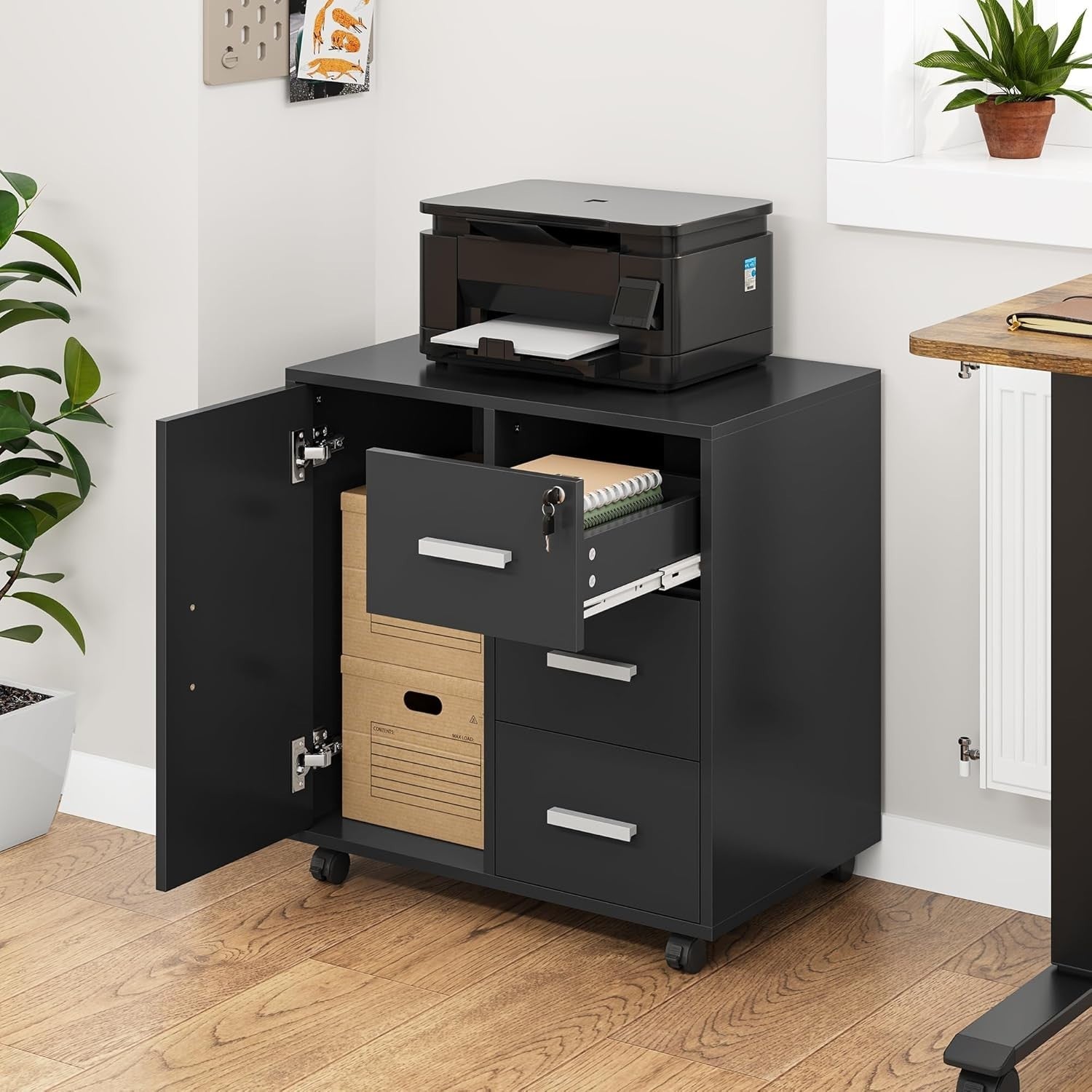 Locking Rolling Office Cabinet 3 Drawer Printer Stand Storage Unit Black