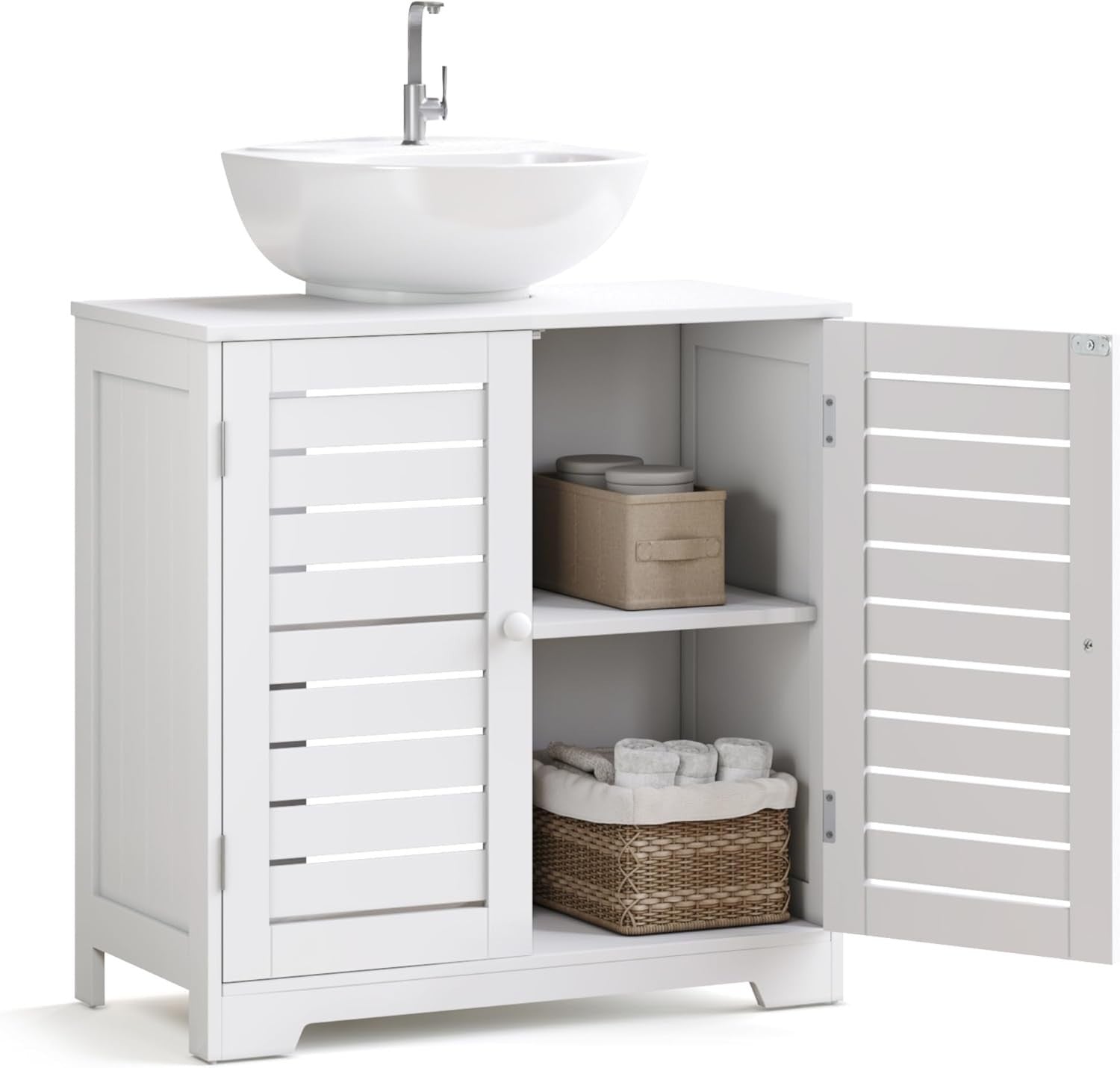 White Under Sink Bathroom Cabinet 2 Door Storage Unit Modern Slim 60x30cm
