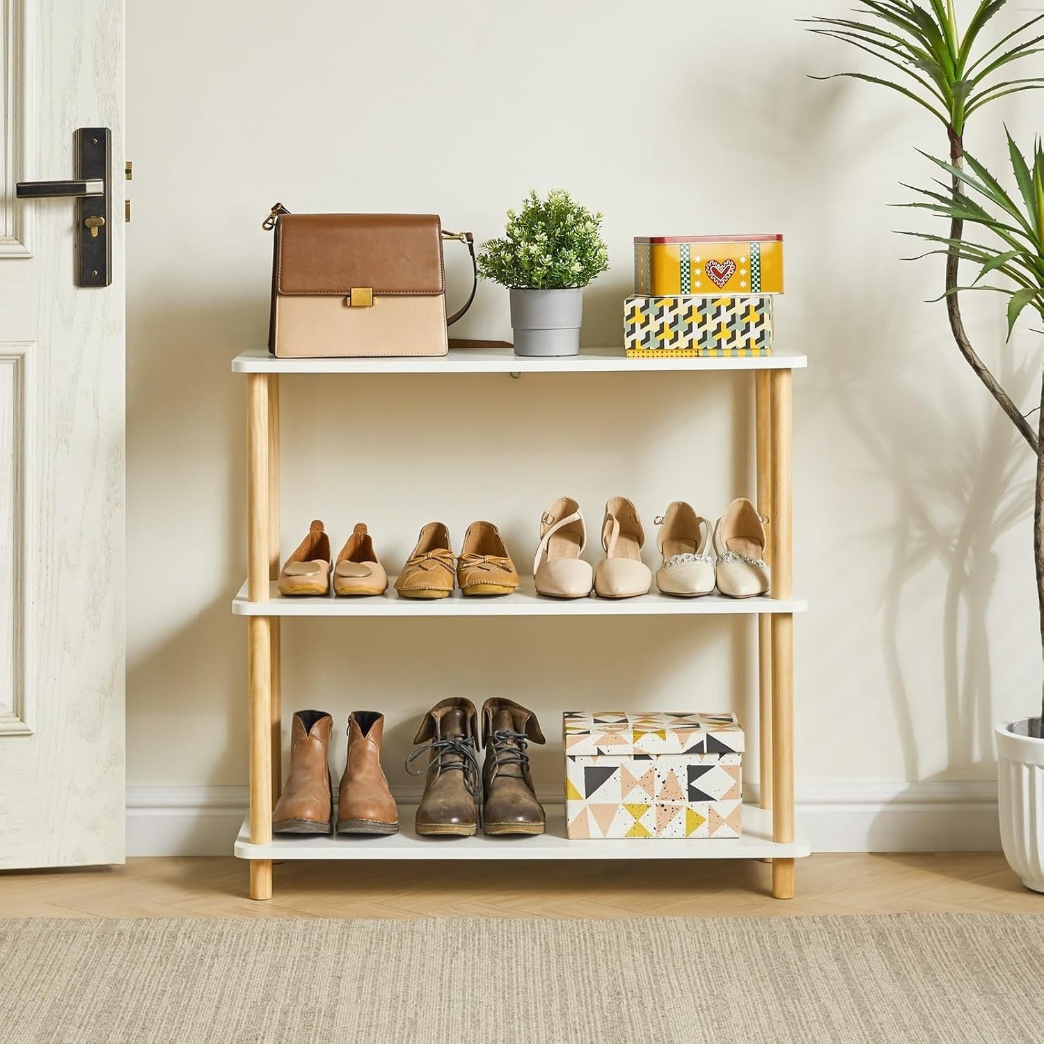 3 Tier Wooden Bookcase White Beech Legs Freestanding Storage Shelf 74cm