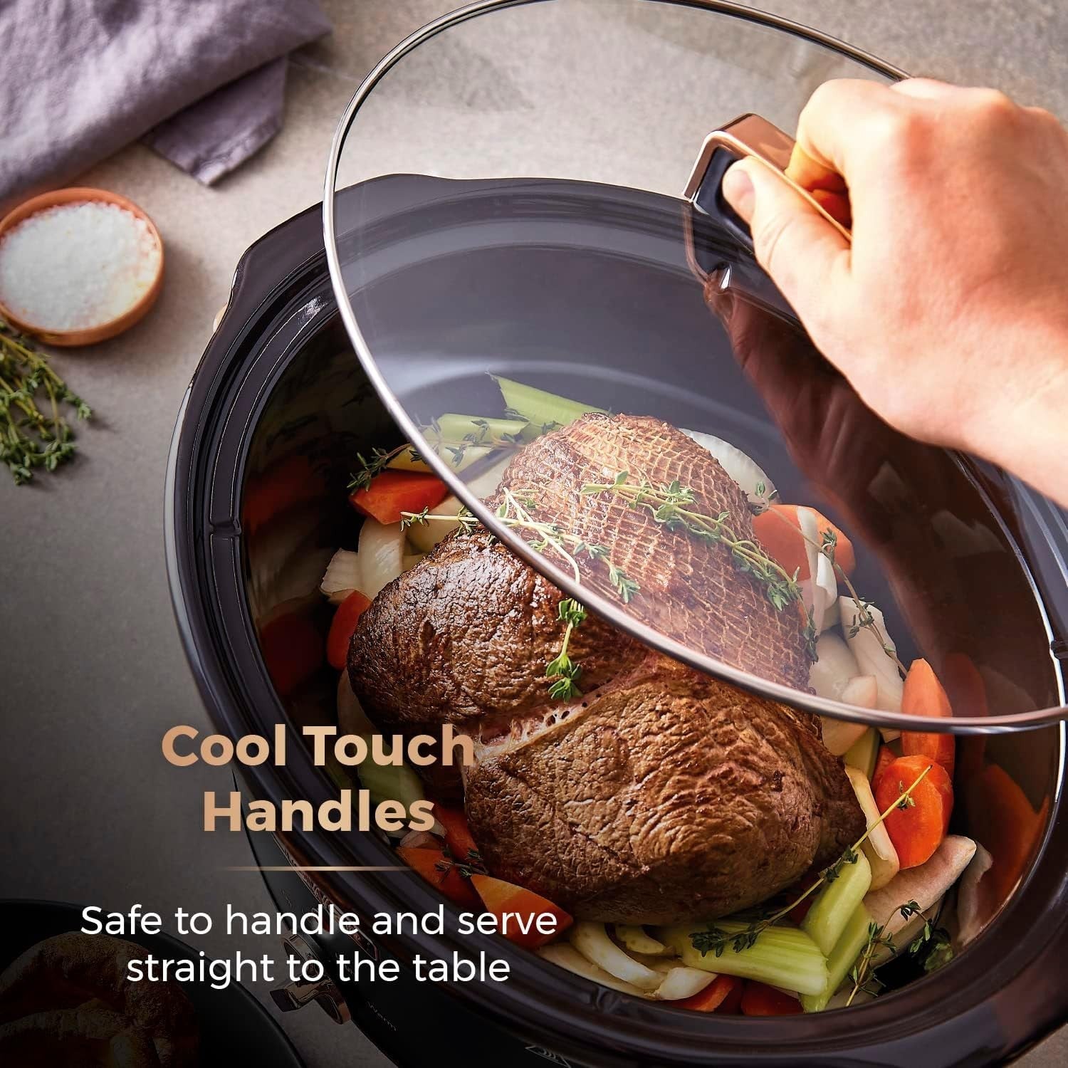 6.5L Large Electric Slow Cooker Ceramic Pot 3 Heat Settings Black Rose Gold