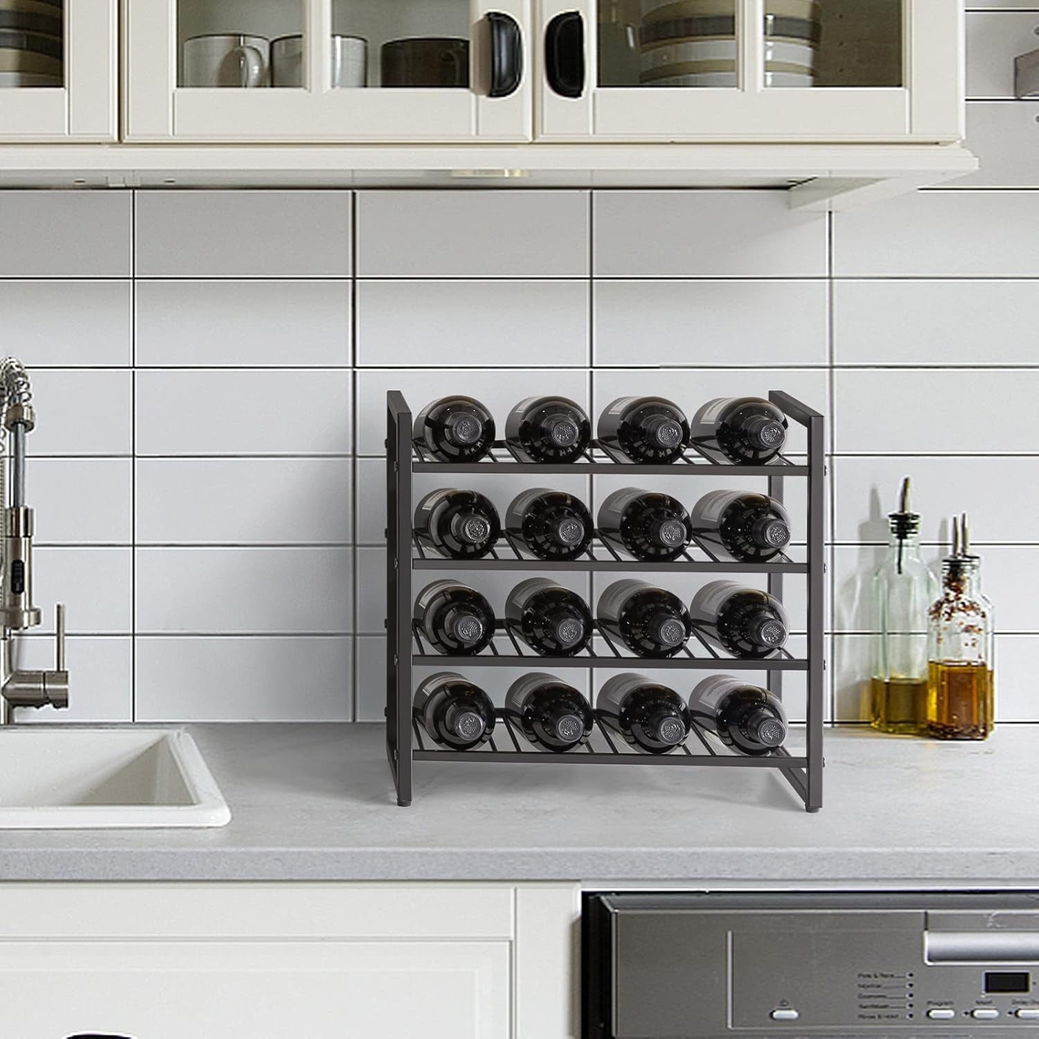 Wine Rack 16 Bottle 4 Tier Metal Freestanding Countertop Storage Shelf Black