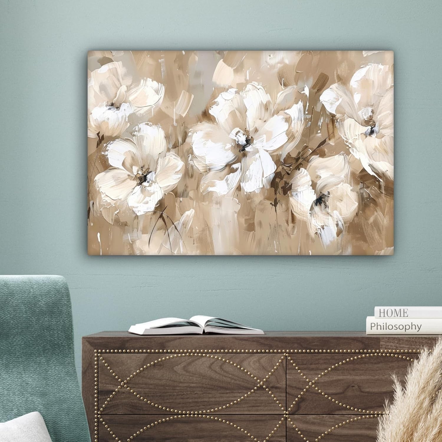 Beige Floral Canvas Wall Art 60x40cm Framed Modern