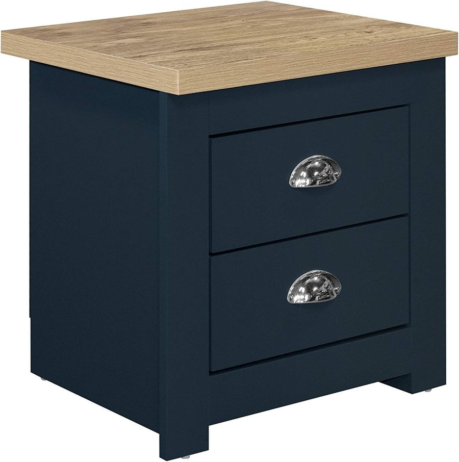 2 Drawer Bedside Table Navy Blue & Oak Top Modern Farmhouse Nightstand