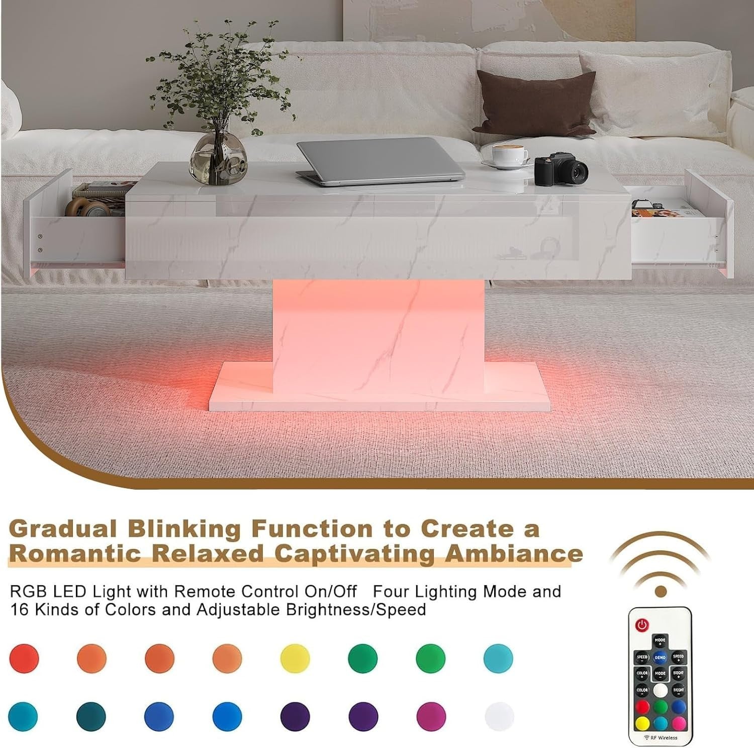 White Marble LED Coffee Table with 2 Drawers, High Gloss 110x55cm