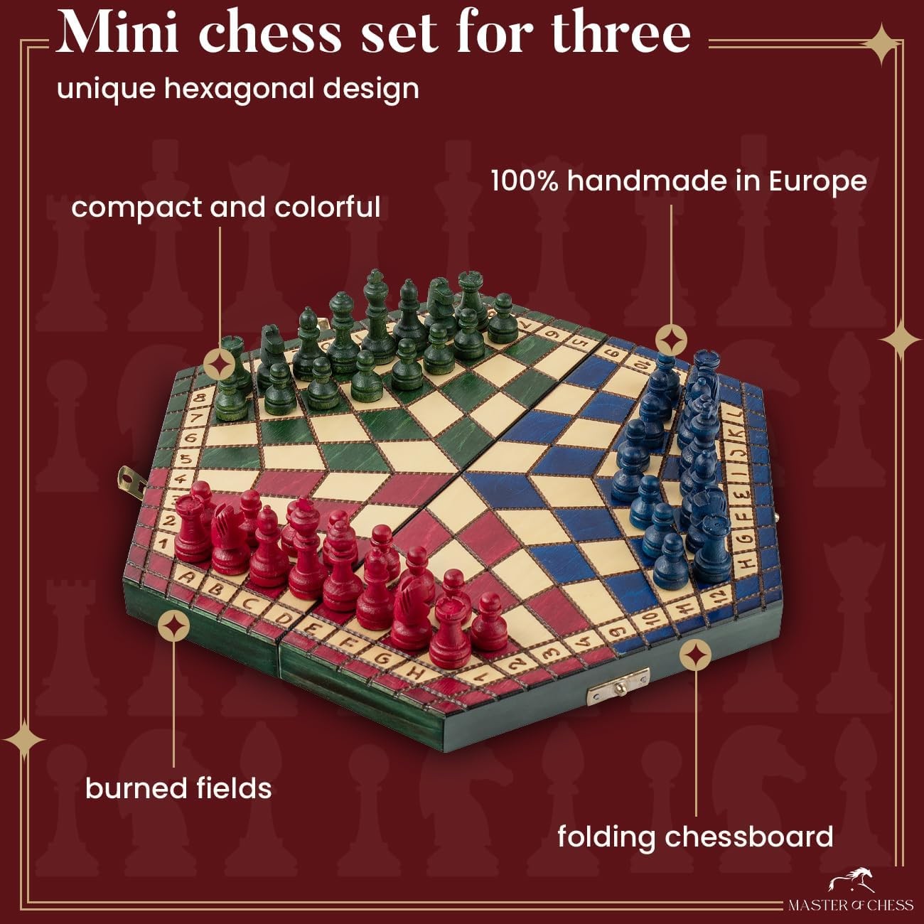 3-Player Wooden Travel Chess Set Hexagonal Board 28×33cm Handcrafted Game
