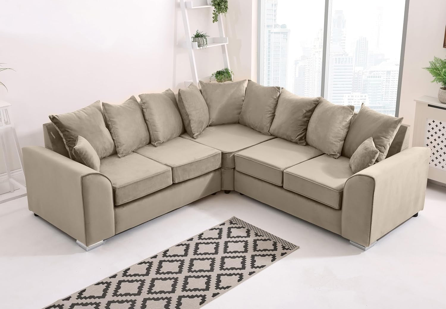 Cream Plush Velvet 5 Seater Corner Sofa –Scatterback Foam Cushions & Chrome Feet