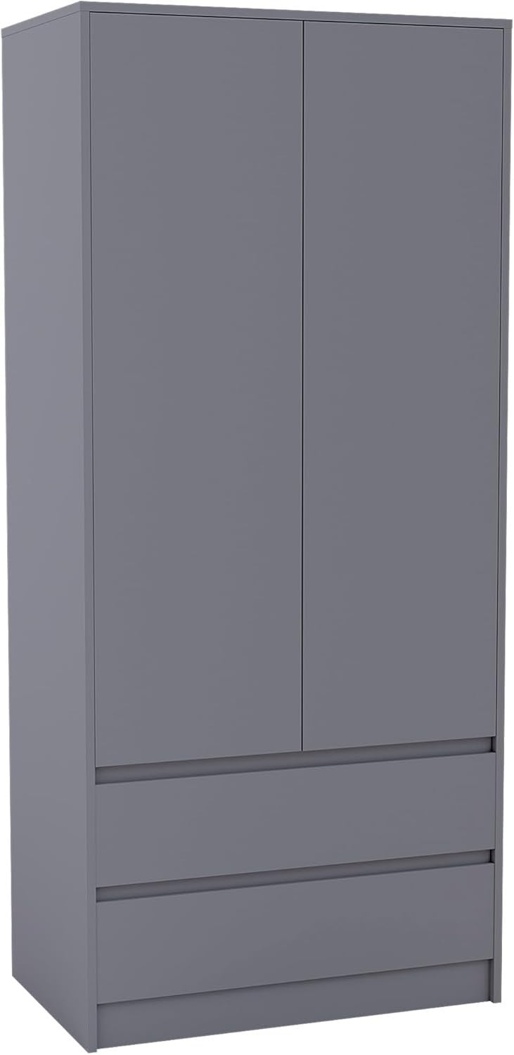 Modern 2 Door Grey Wardrobe with 2 Drawers & Versatile Hanging Rail Storage