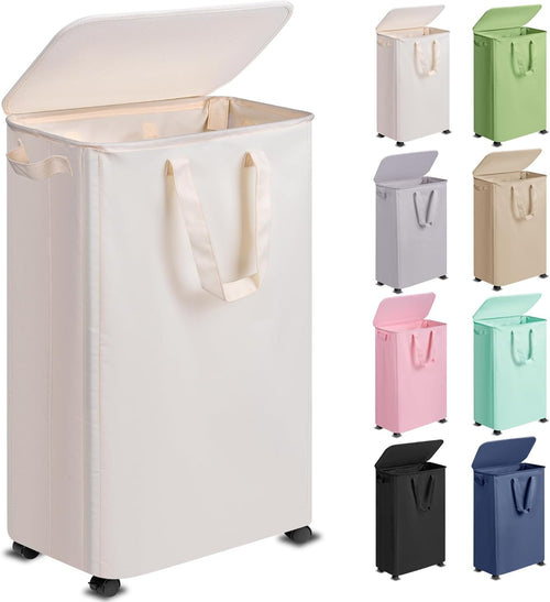 Slim 75L Laundry Hamper with Lid & Wheels – Tall Rolling Clothes Basket for Smal