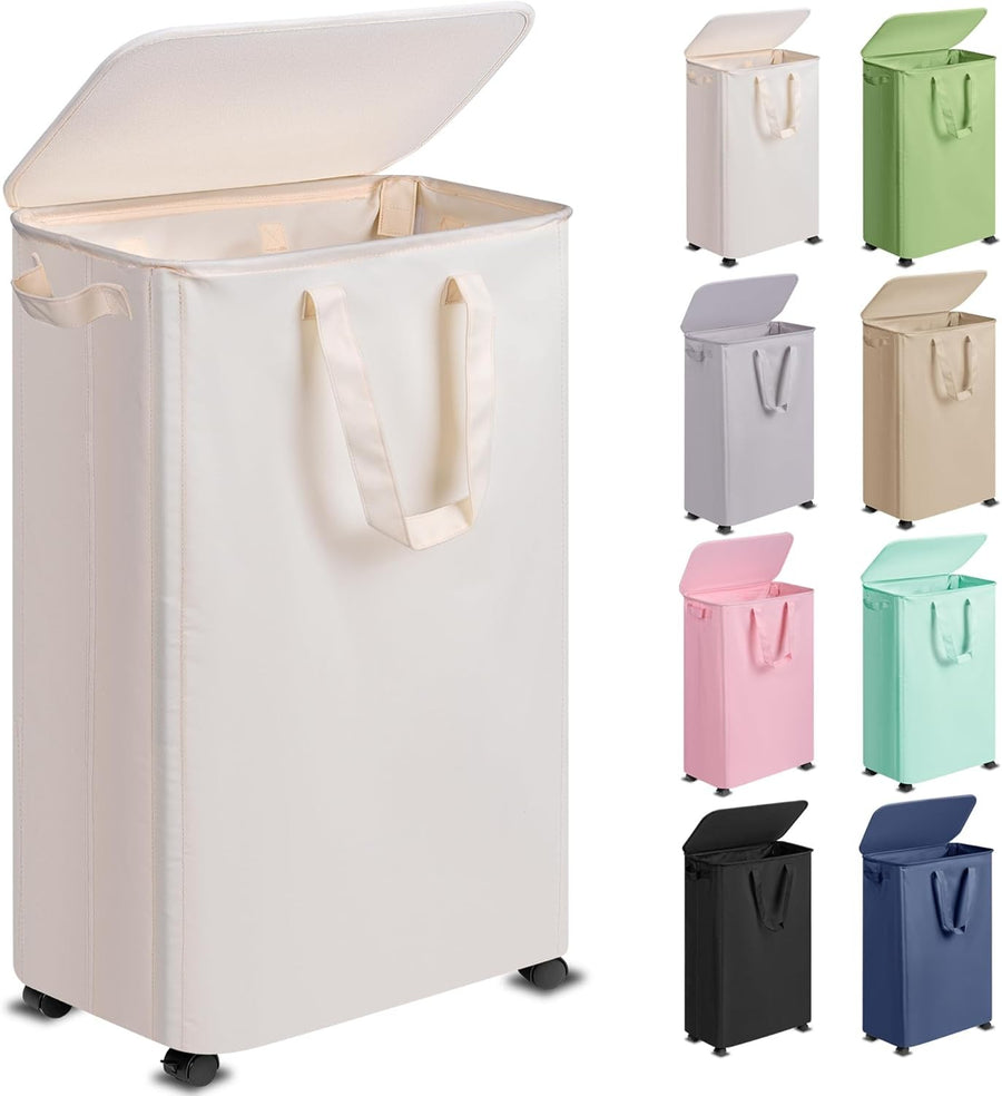 Slim 75L Laundry Hamper with Lid & Wheels – Tall Rolling Clothes Basket for Smal