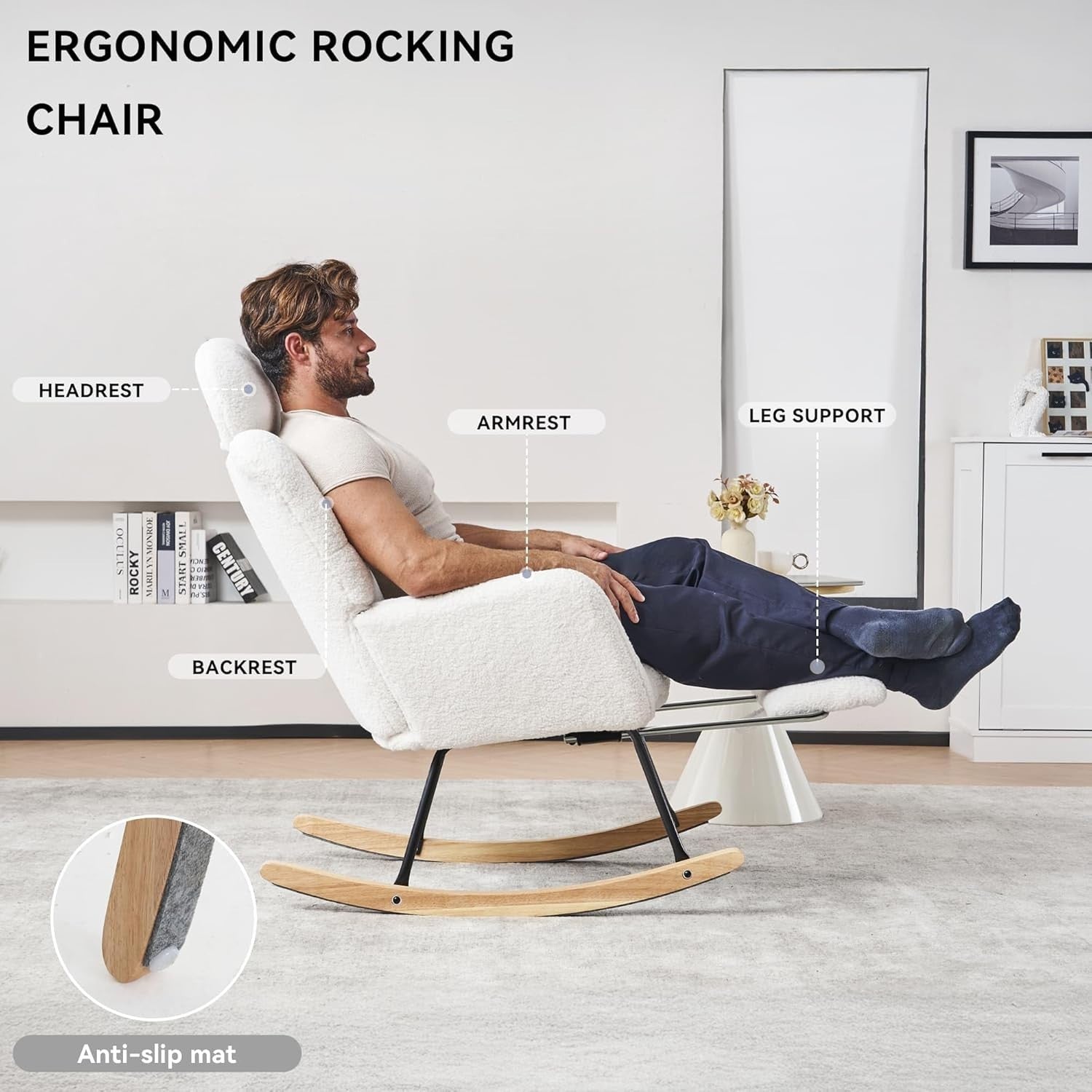 Ivory Rocking Recliner Chair w/ Footrest, Headrest – Cozy Teddy Armchair 125cm