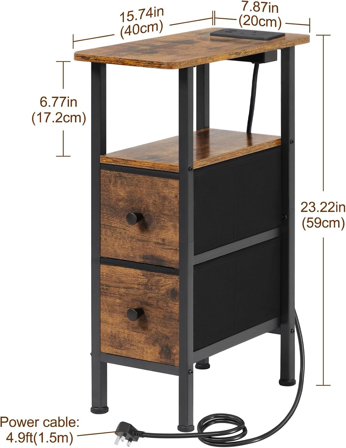 Slim LED Bedside Table with Charging Station, 2 Drawers & Shelf Storage Brown