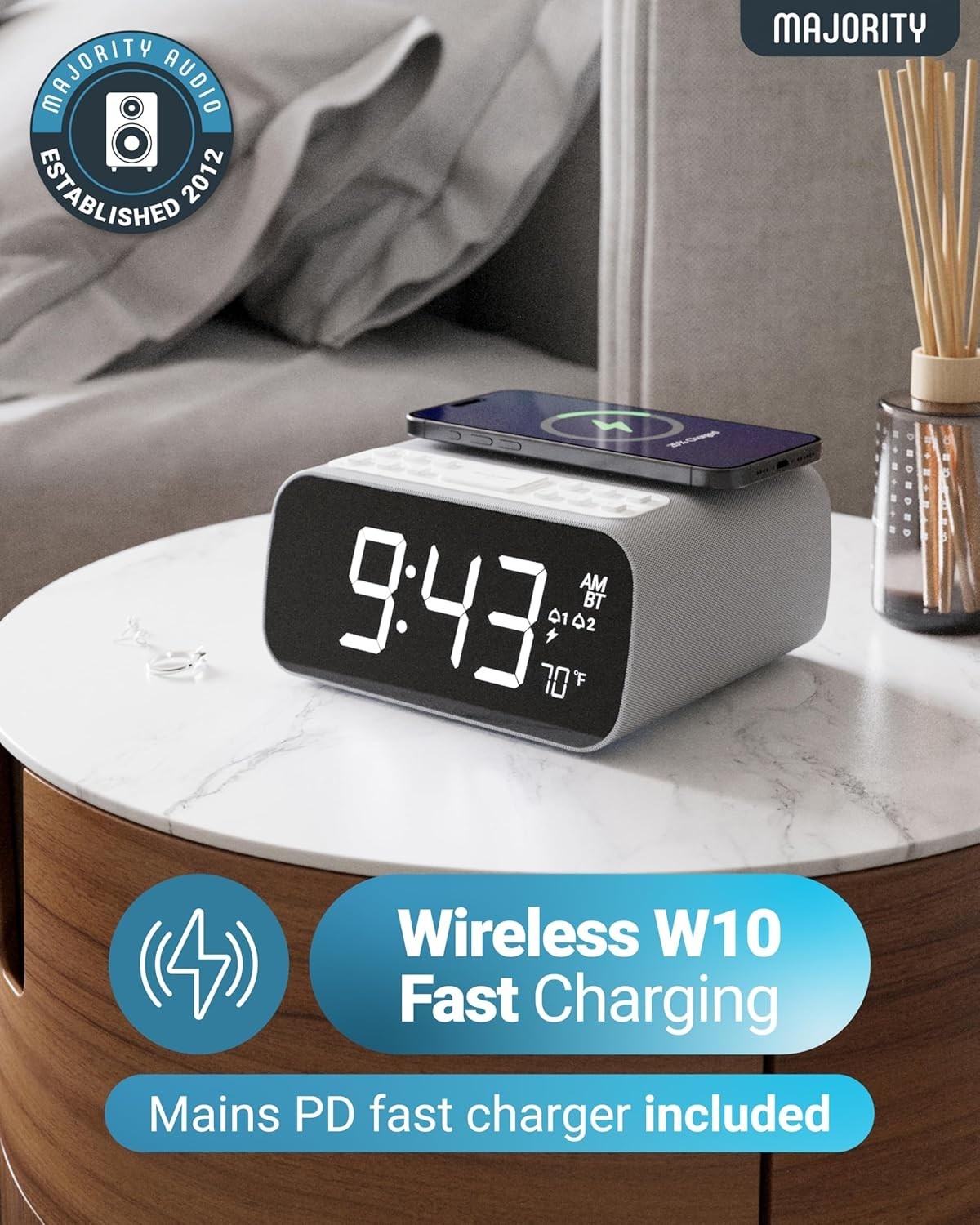 Bluetooth FM Alarm Clock Radio with Wireless Charging & Dual Alarm