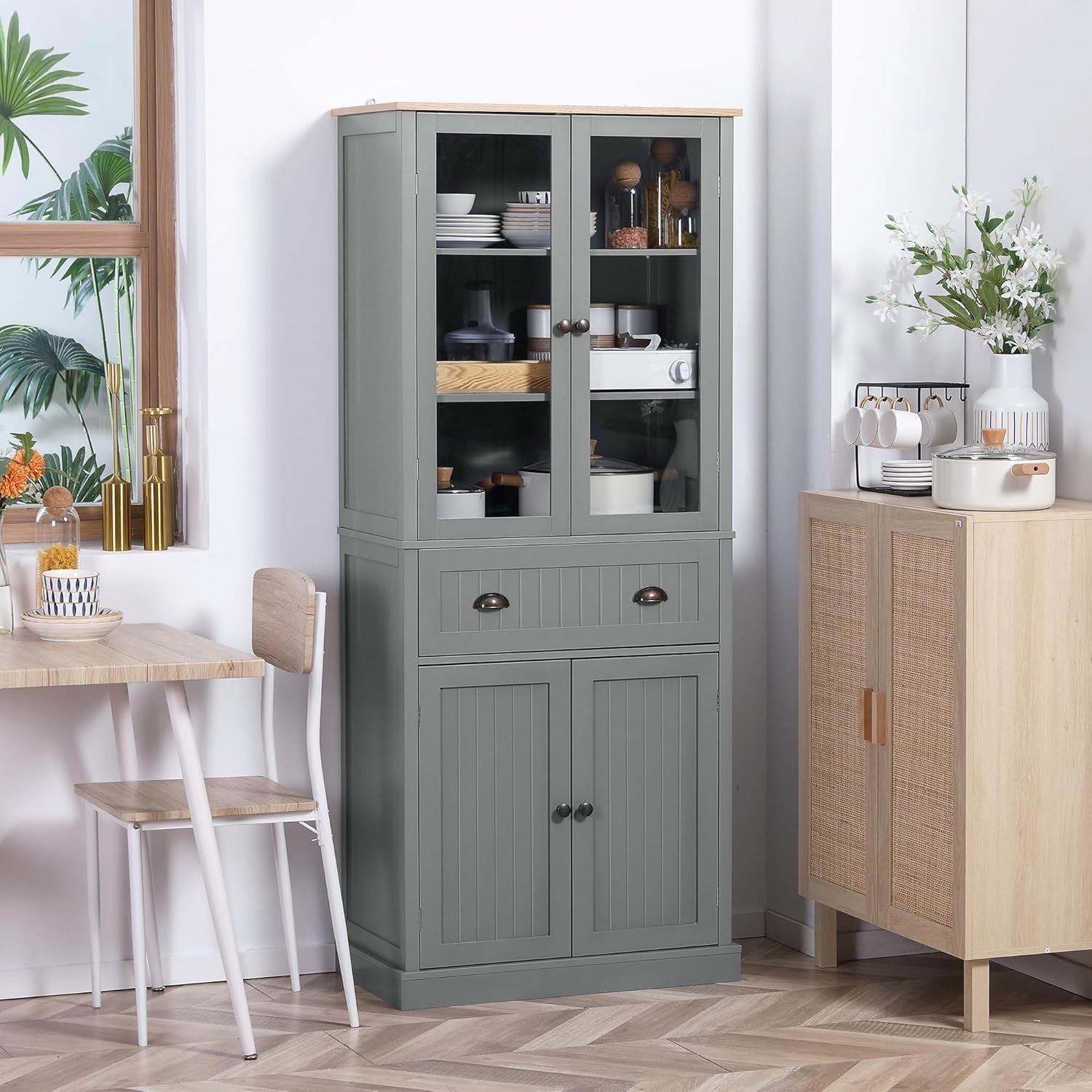 Grey Tall Kitchen Cupboard 182cm Pantry Storage Cabinet Drawer Shelves