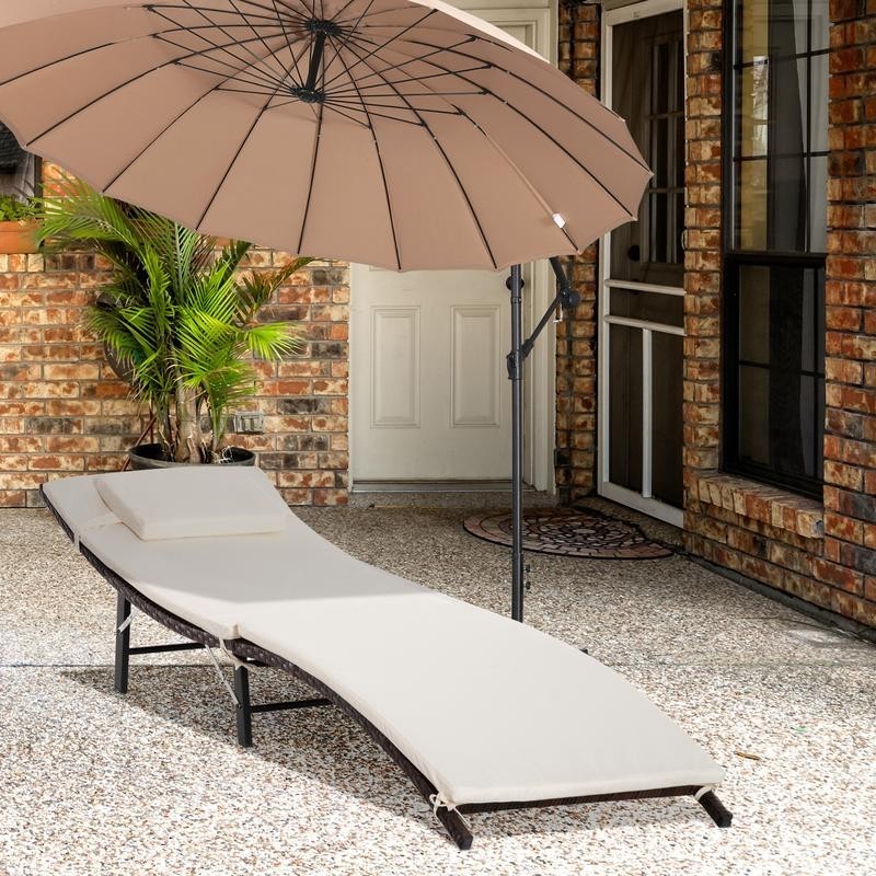 Folding Rattan Sun Lounger Outdoor Recliner Bed with Cushion Pillow