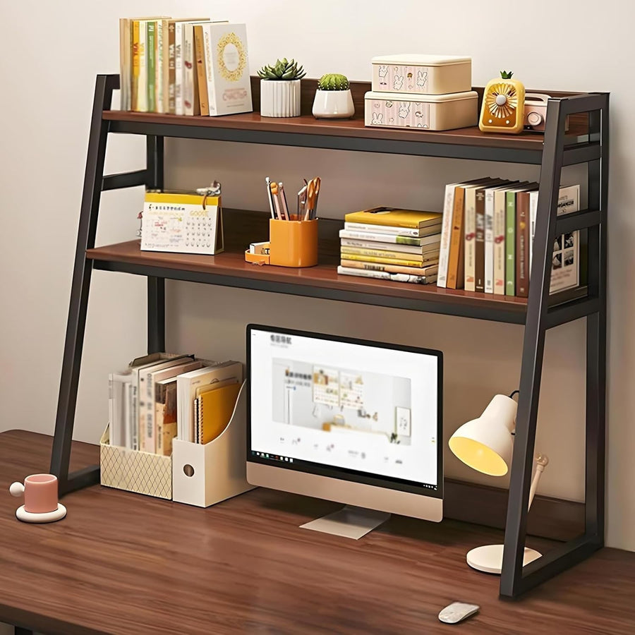 3-Tier Desktop Bookshelf Metal Frame Trapezoid Desk Hutch Storage Rack 95cm