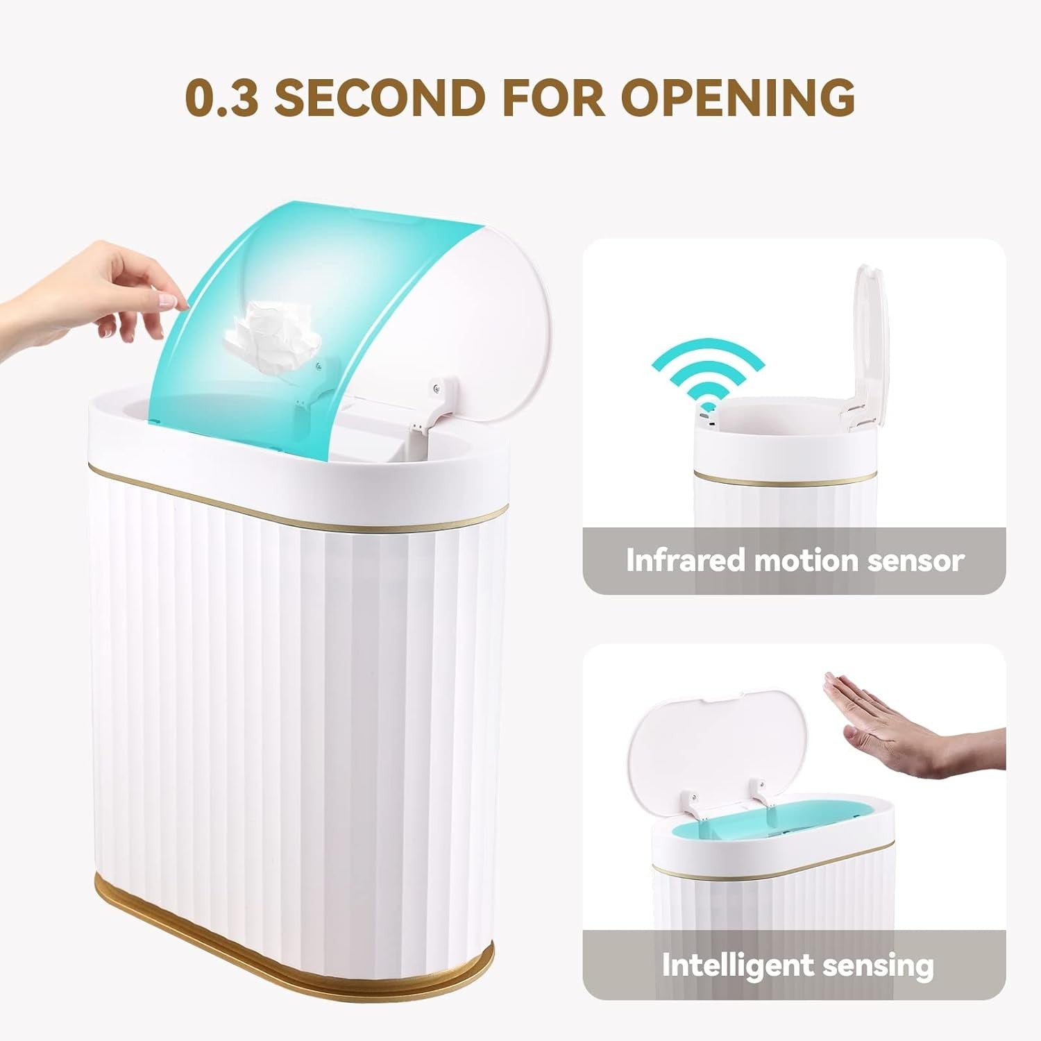 2.5 Gallon Touchless Bathroom Bin Motion Sensor White Gold
