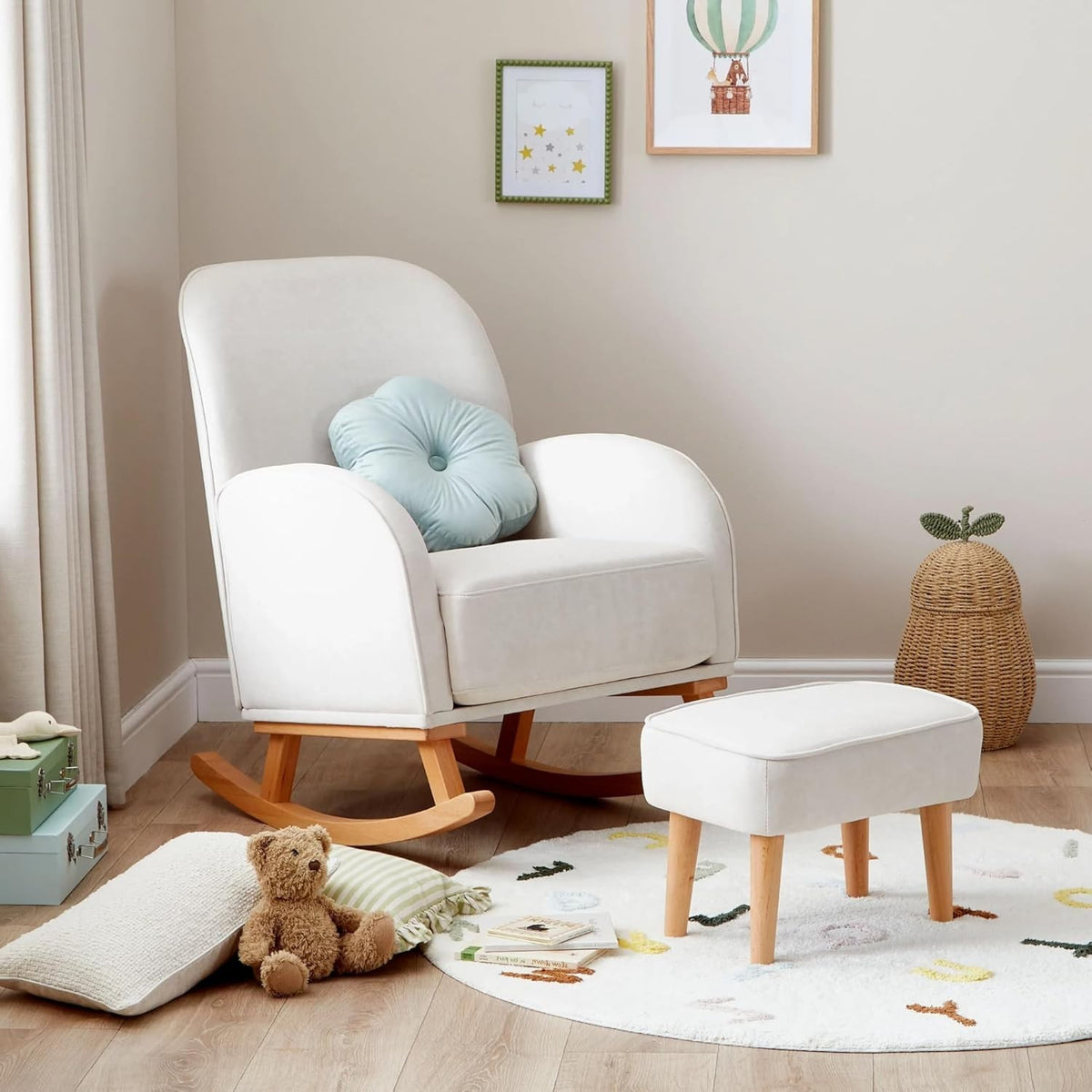 Cream Nursery Rocking Chair w/ Footstool – Plush Comfort for Baby Room