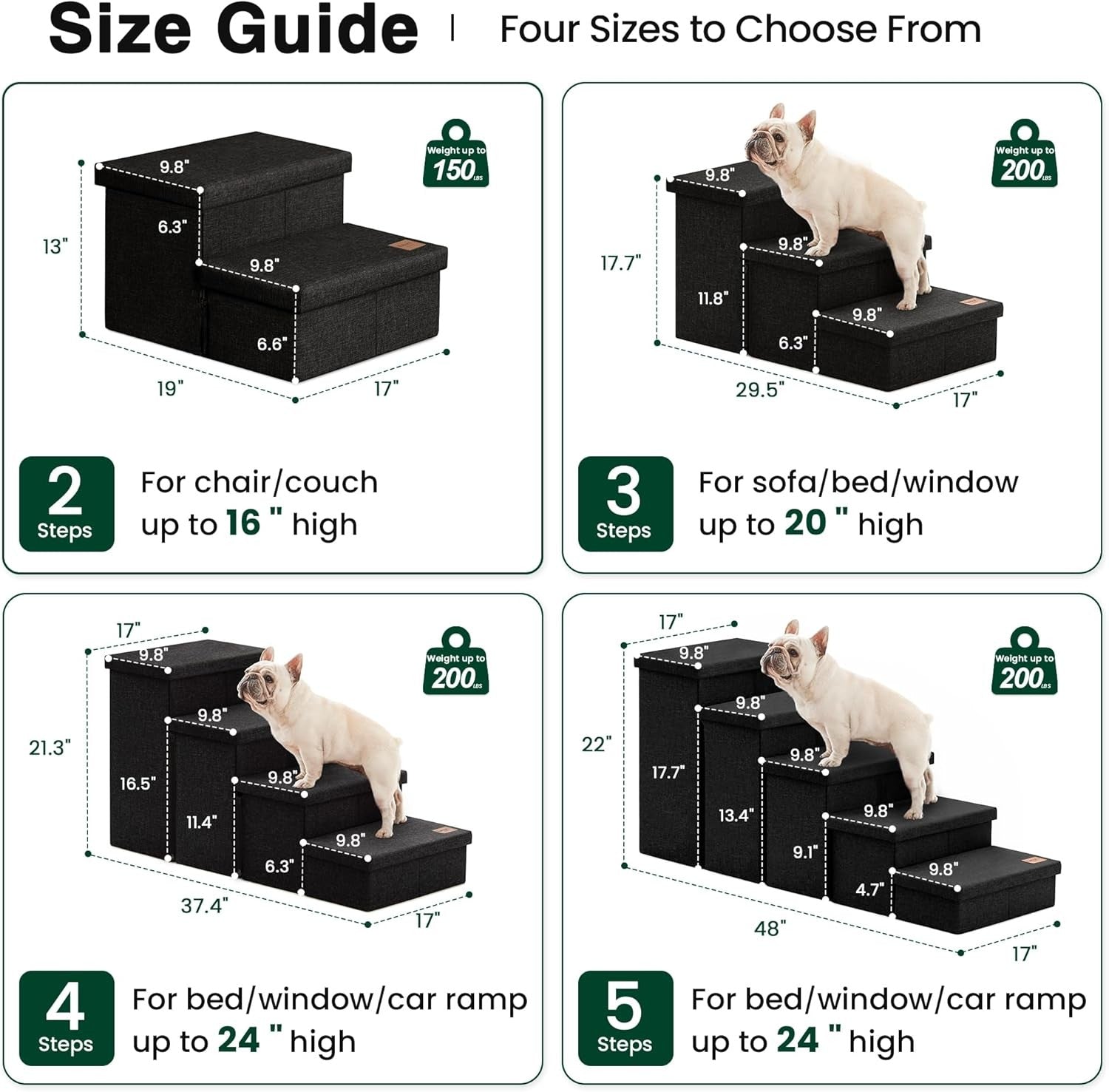 Dog Stairs 3 Step with Storage 18" High Foldable Pet Steps Black