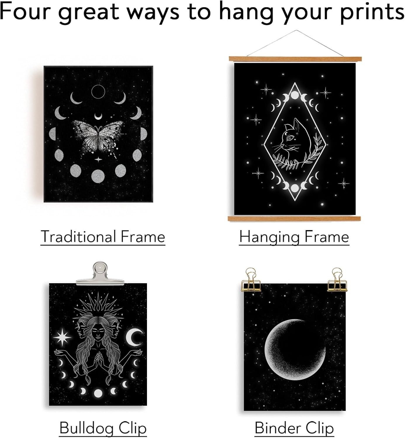 6pcs Moon Phase Wall Art Prints Witch Cat Celestial Decor 8x10in