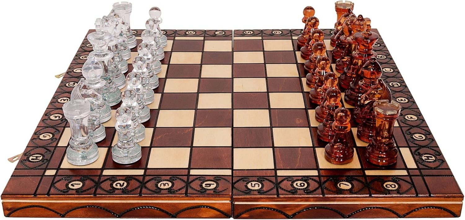 40cm Wooden Chess Set Amber Pieces | Foldable Board | Elegant Staunton Design