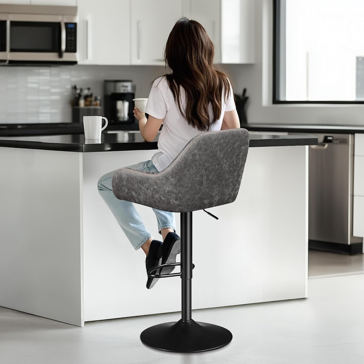 Adjustable Grey PU Leather Bar Stools Set of 2 – Swivel Counter Chairs