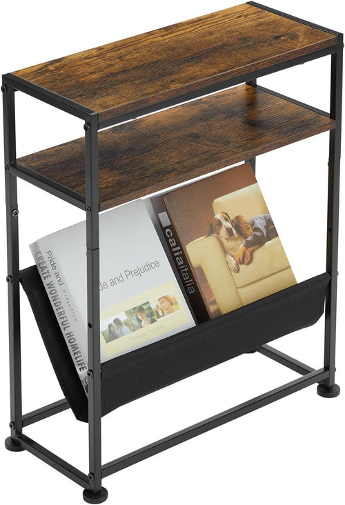 Slim Rustic Side Table with Magazine Rack – Narrow End Table for Sofa Bed