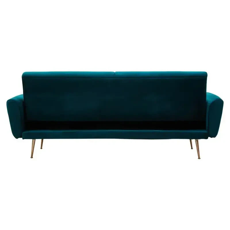 Green Velvet Sofa Bed 3 Seater w/ Gold Legs & Folding Back Modern