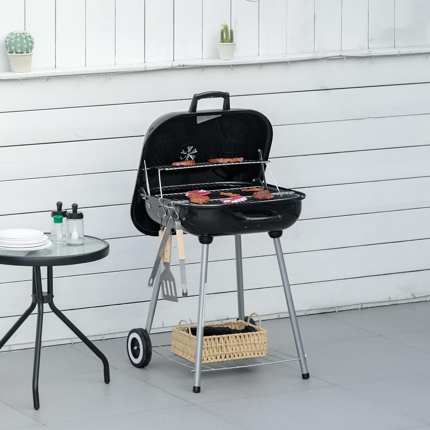 Portable Charcoal BBQ Grill with Lid, Wheels & Tools – Compact Outdoor Smoker