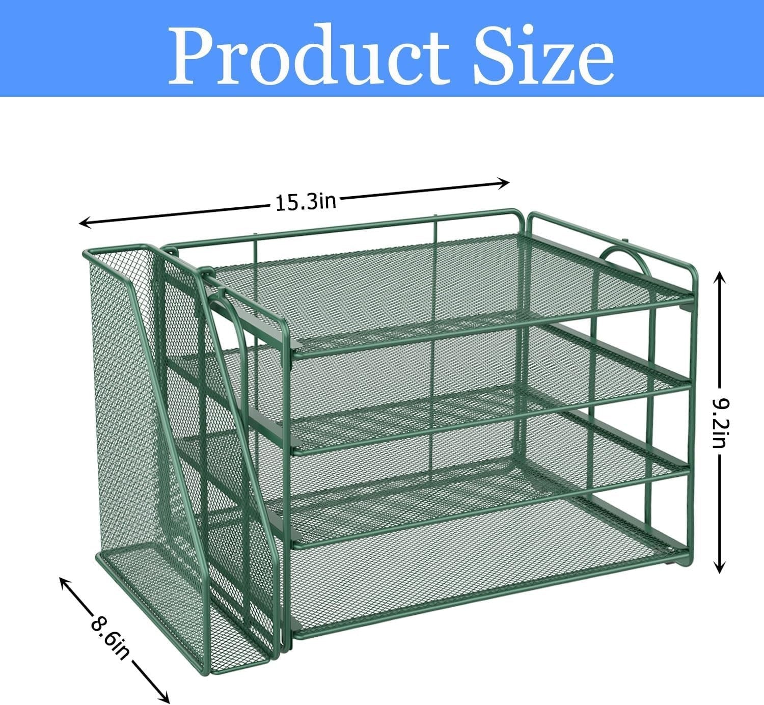 4-Tier Desk Organizer with Magazine Rack – Metal File & Paper Storage, Green